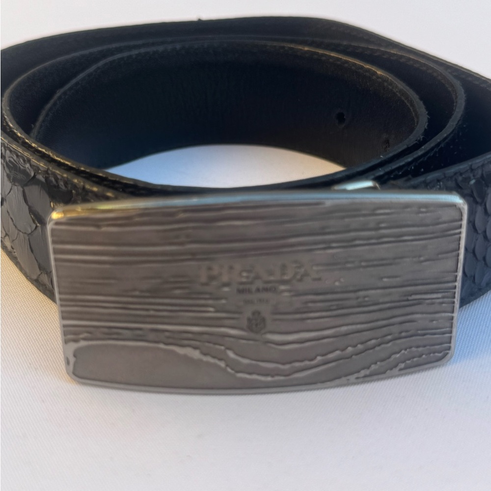 Prada Milano Genuine Black Snakeskin Belt with Textured Silver Buckle